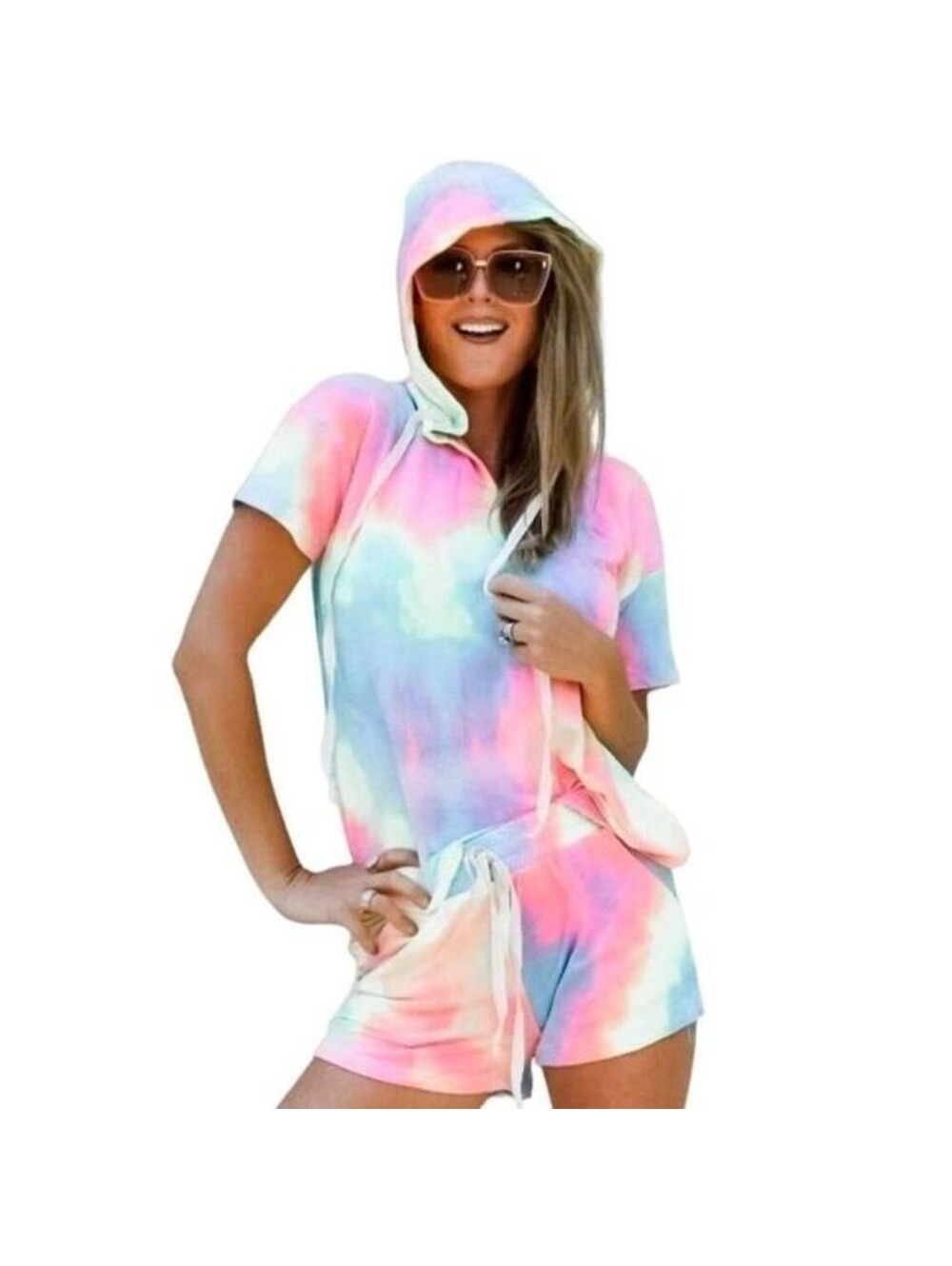 Rainbow Tie Dye Hoodie Short Lounge Set | White Birch | Large | NWOT | SKU142